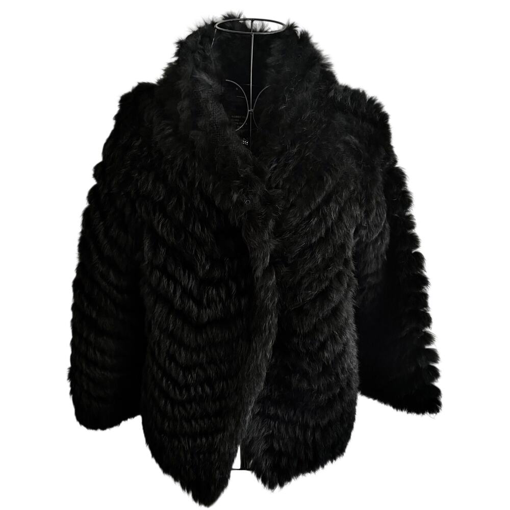 Marc Jacobs Black Rabbit Fur & Wool Hooded Fluffy Cardigan Sweater Hoodie Glam